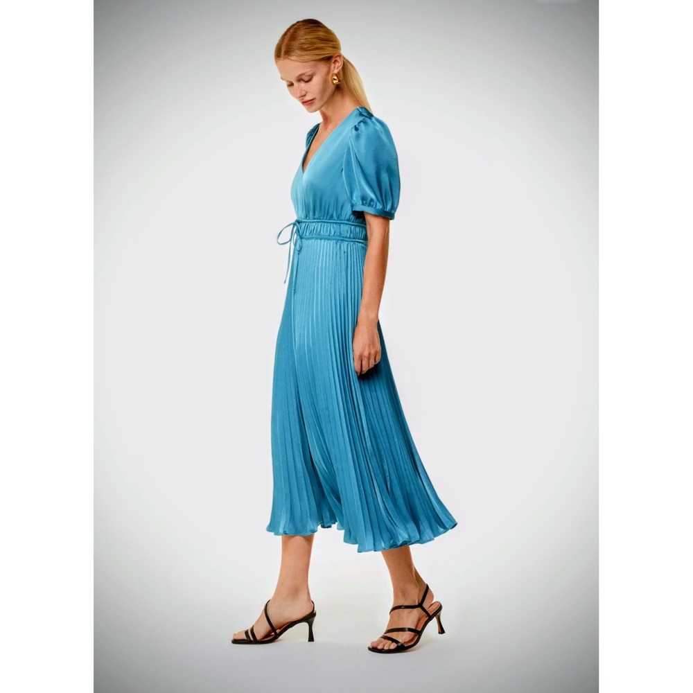 Whistles Delilah Satin Pleat Dress Teal Blue V-Neck Midi US 8 NEW